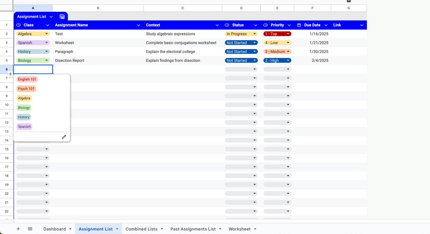 Automated Assignment Tracker (Google Sheets Only)