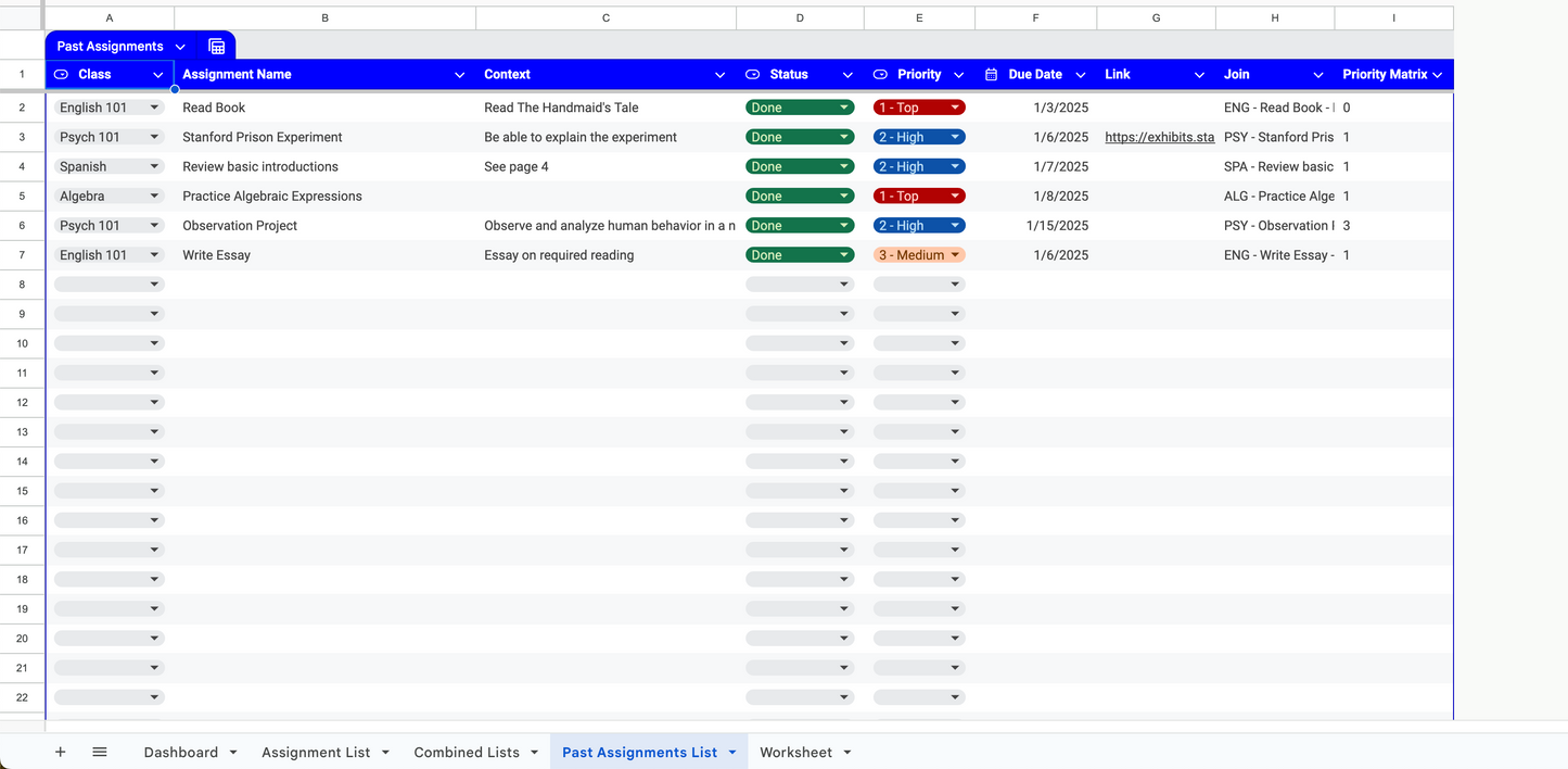 Automated Assignment Tracker (Google Sheets Only)